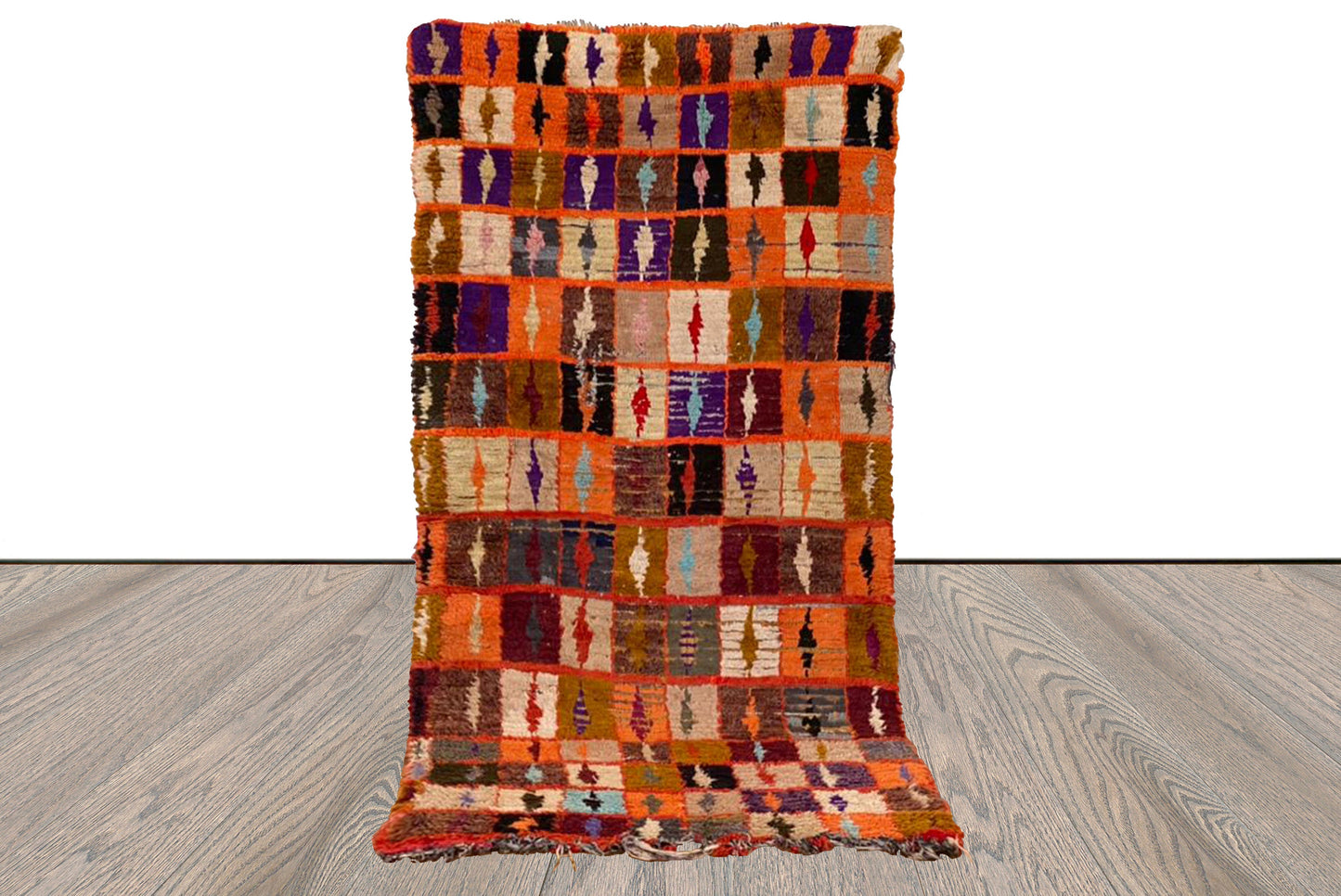 3x6 Moroccan vintage Berber Handwoven Rug. Grid orange and squares colorful Rug.