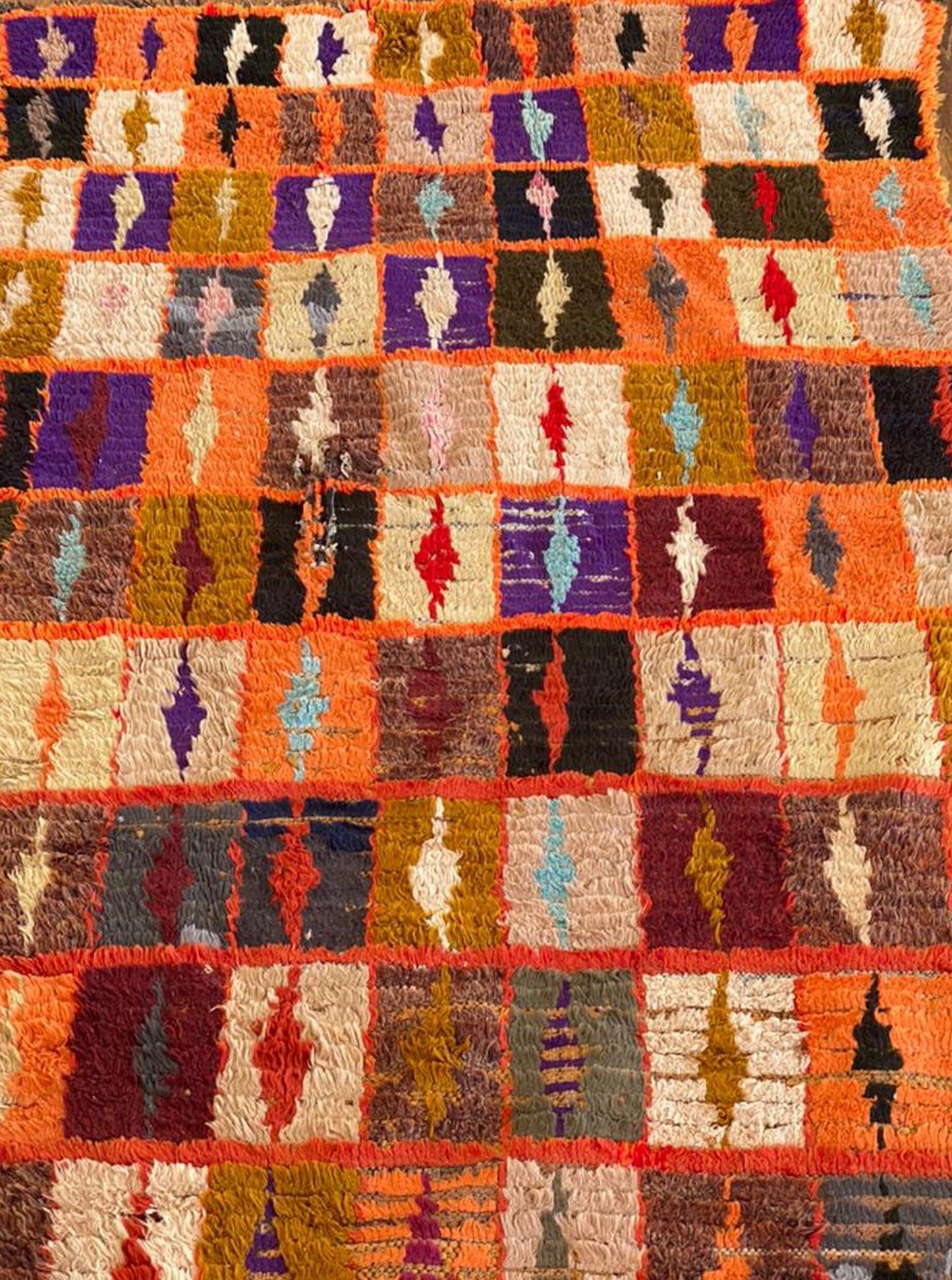 3x6 Moroccan vintage Berber Handwoven Rug. Grid orange and squares colorful Rug.