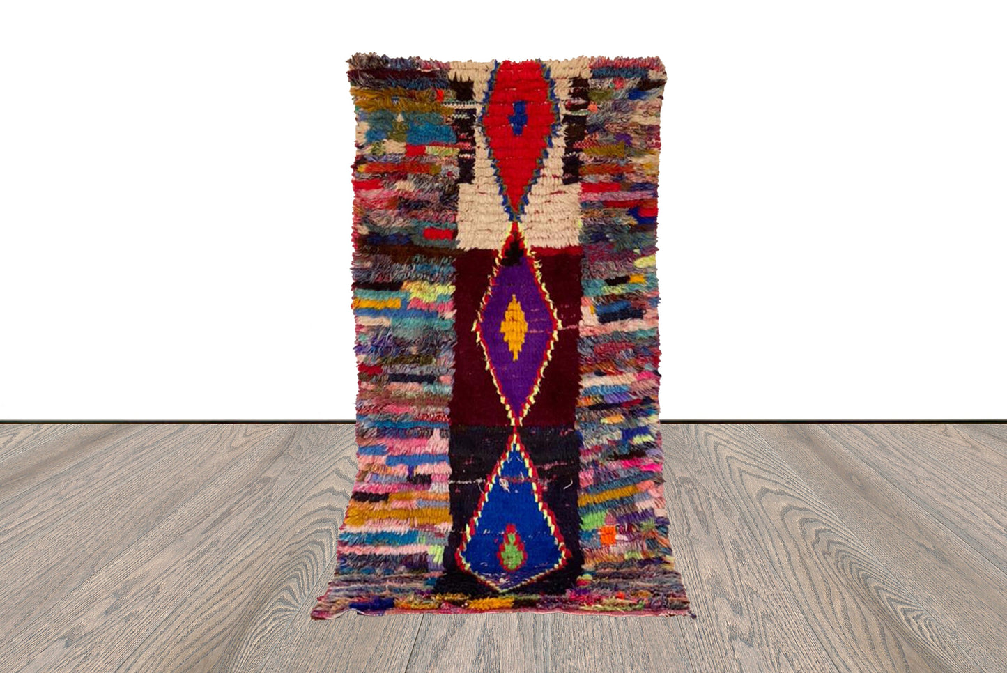 vintage Moroccan small Berber runner rug, 3x6 handwoven striped and diamond colored old rugs.