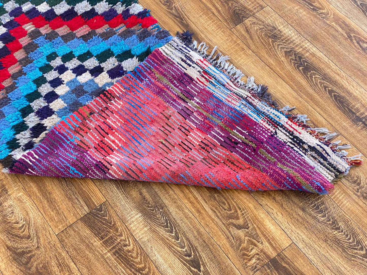 Checkered Colored Chevron Rugs 2x7, Moroccan vintage Berber narrow runner Rug.