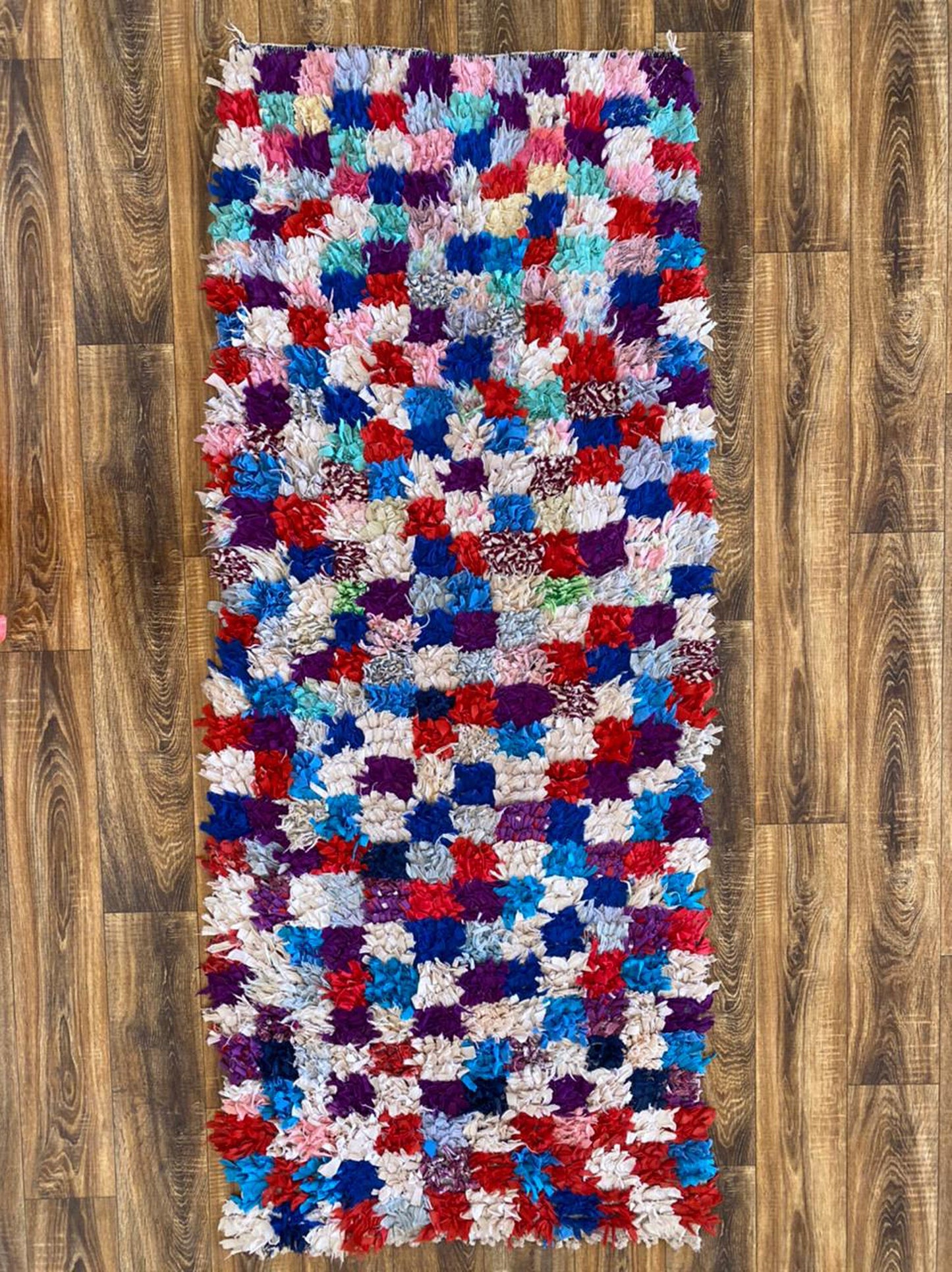 3x7 Checkered Colored Boucherouite Narrow Runner Rug.