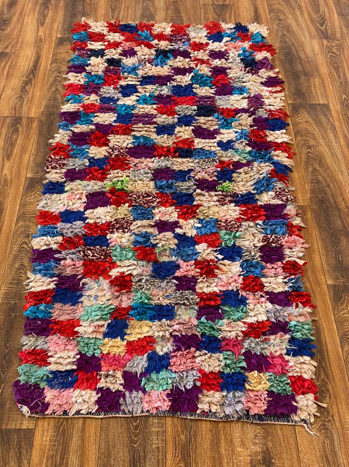 3x7 Checkered Colored Boucherouite Narrow Runner Rug.
