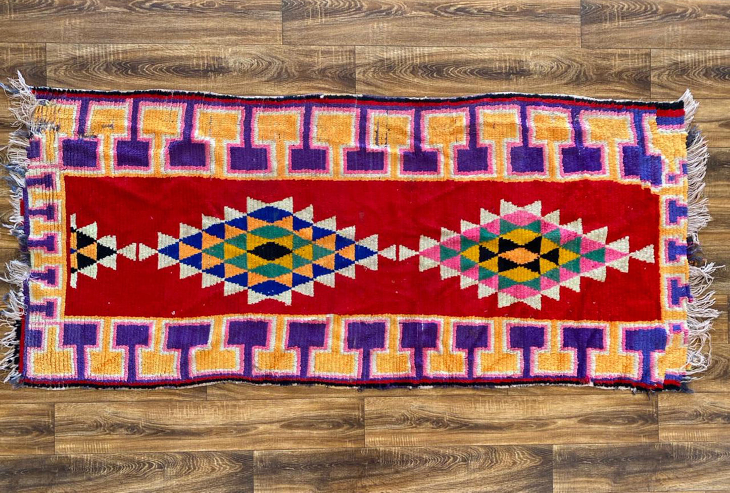 Moroccan vintage woven Runner Rug, 3x7 Colored Unique Handwoven Berber Rug.