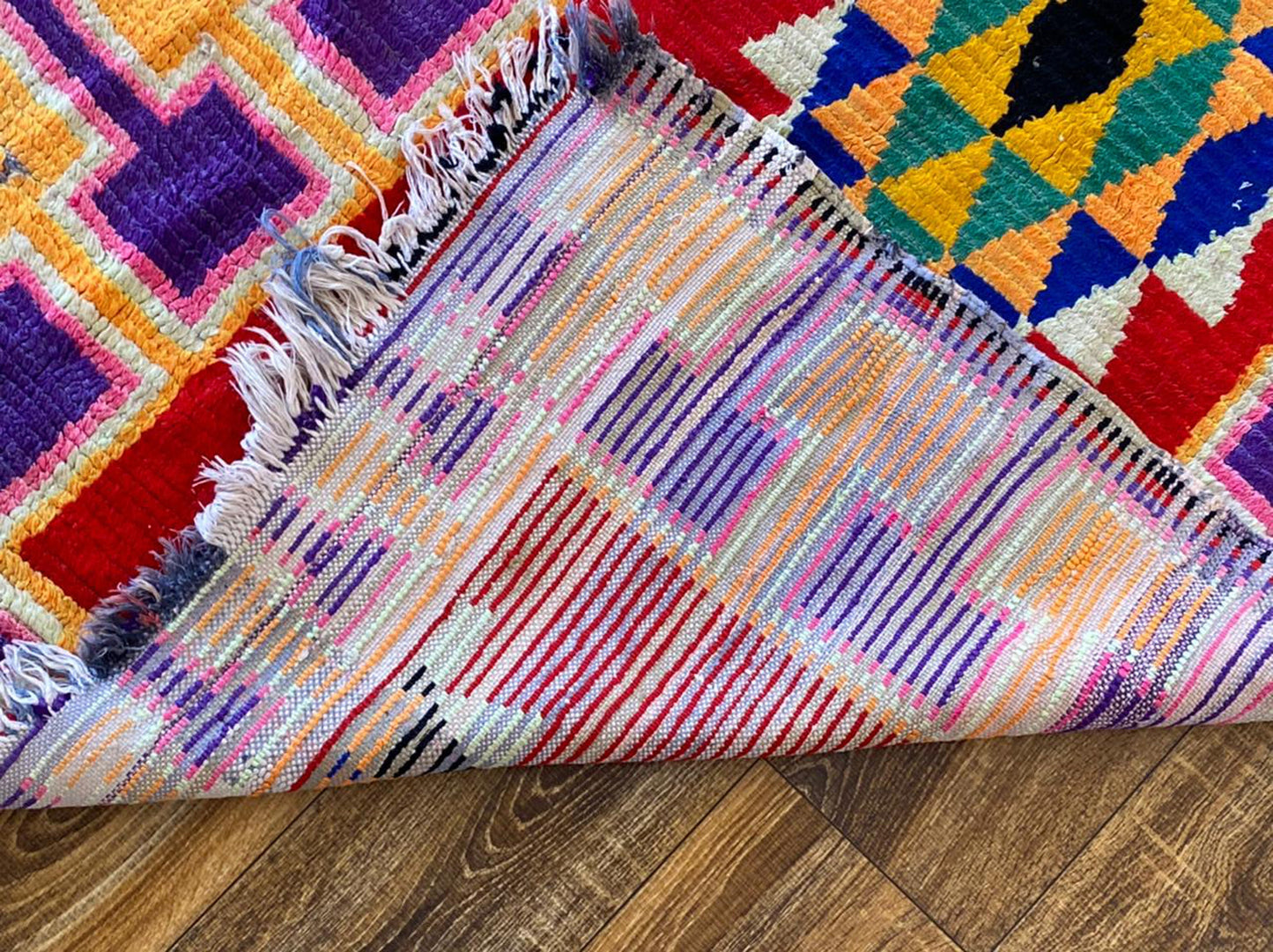 Moroccan vintage woven Runner Rug, 3x7 Colored Unique Handwoven Berber Rug.