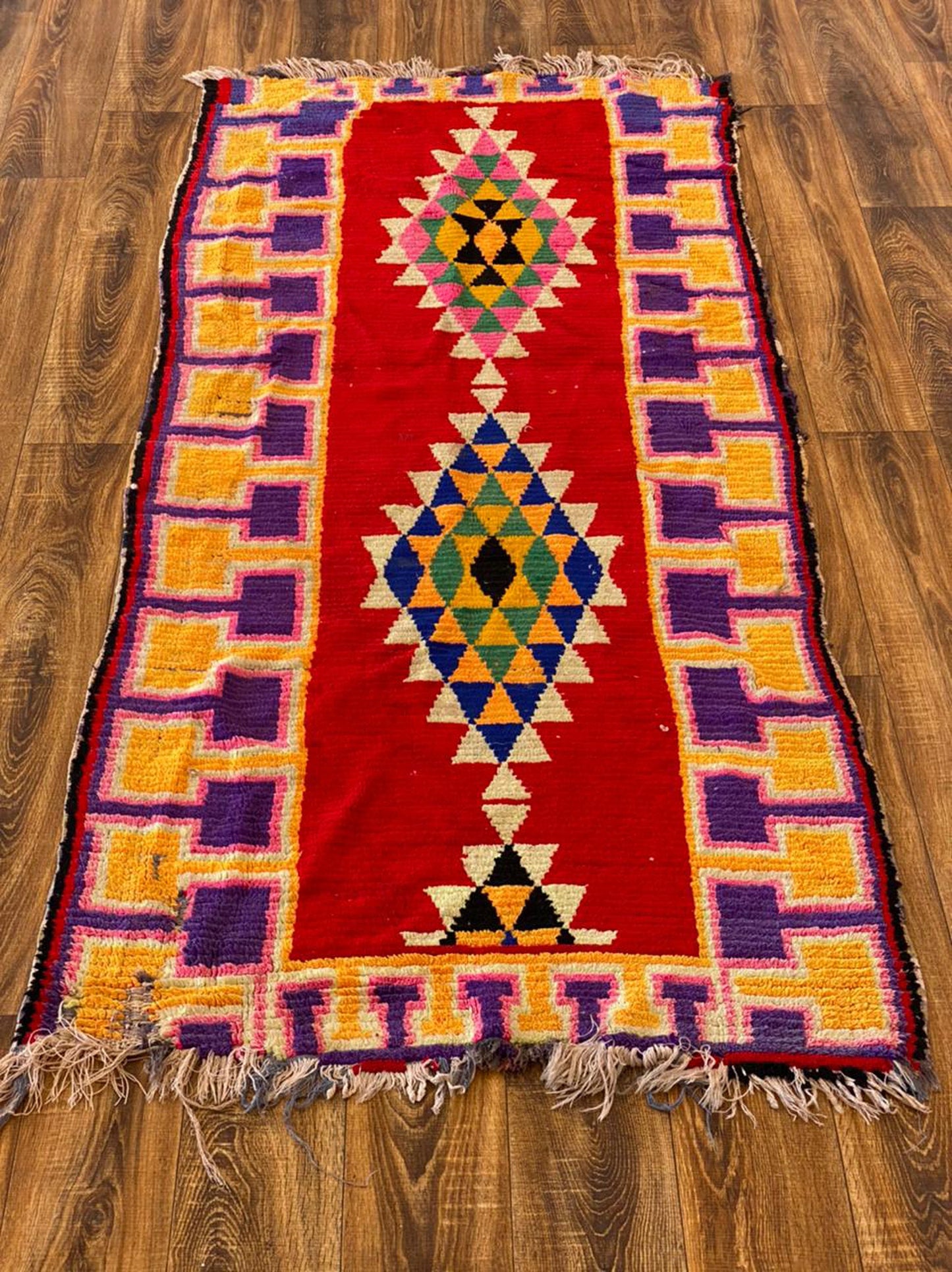 Moroccan vintage woven Runner Rug, 3x7 Colored Unique Handwoven Berber Rug.
