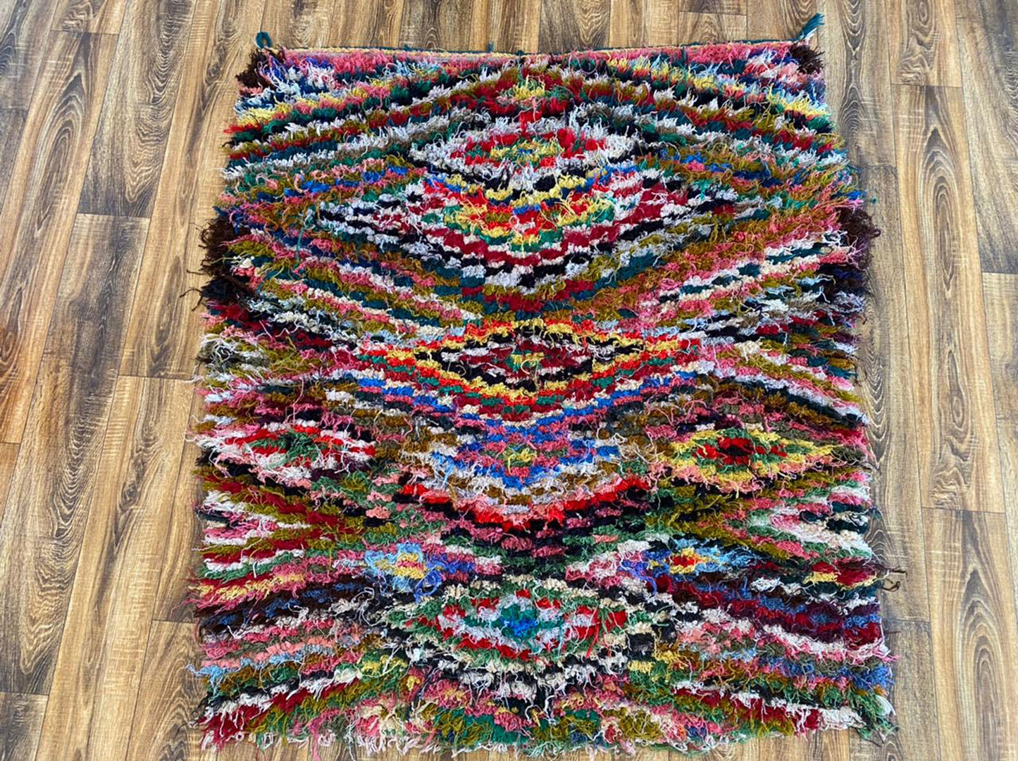 Moroccan vintage woven checkered colorful area rug 4x5.