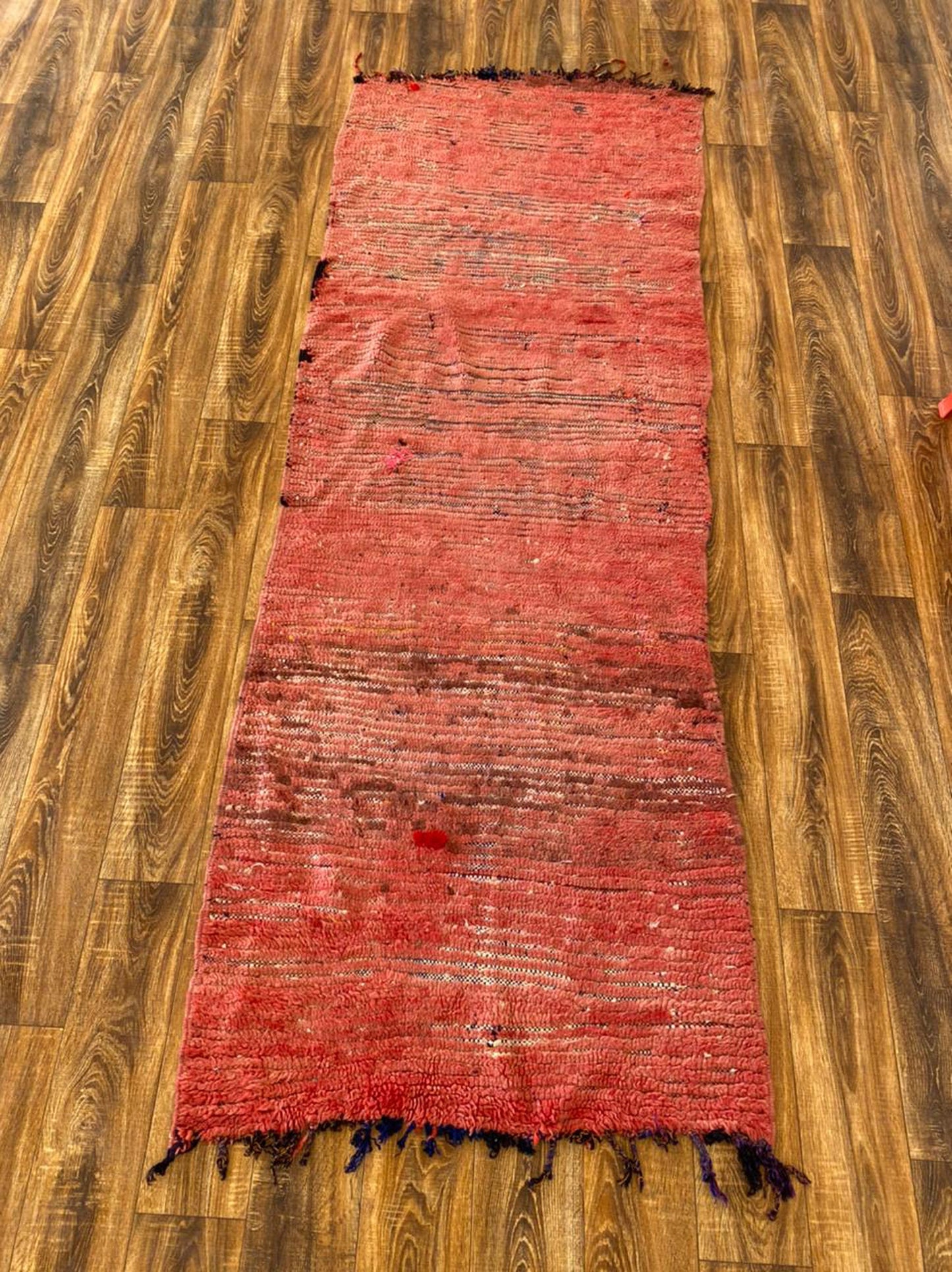 Moroccan Woolen runner Rug, 3x9 Faded Red Vintage Berber Rugs.
