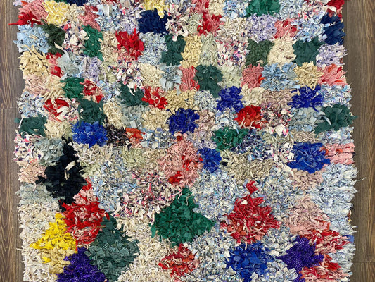 Tapis marocain coloré Boucherouite vintage 4x7 pieds.