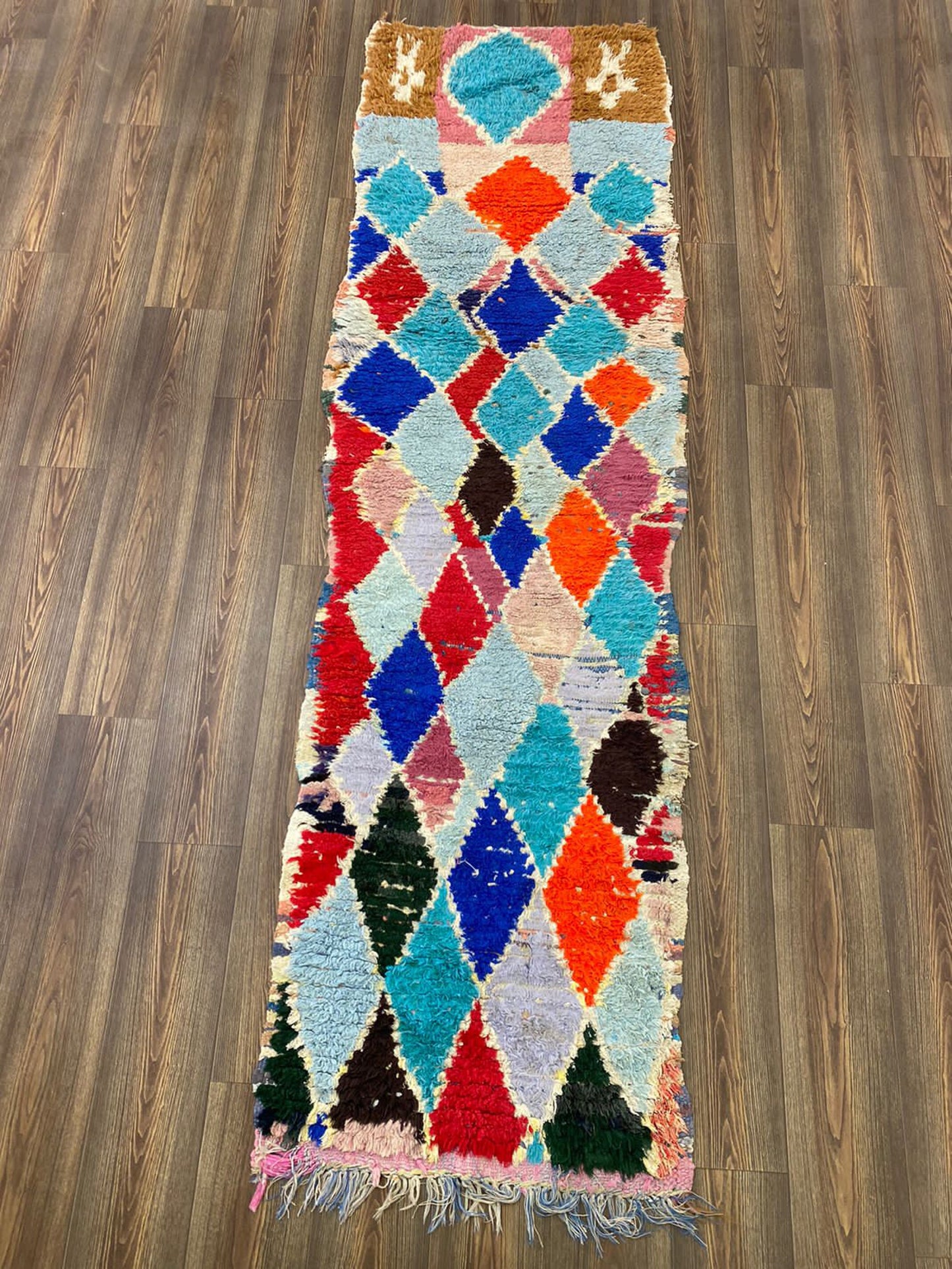 2x9 Feet Vintage Diamond Colorful Runner Rug.