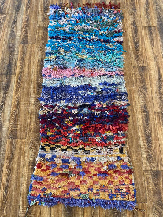 Vintage Narrow Boucherouite Moroccan Shag runner Rug 3x7.