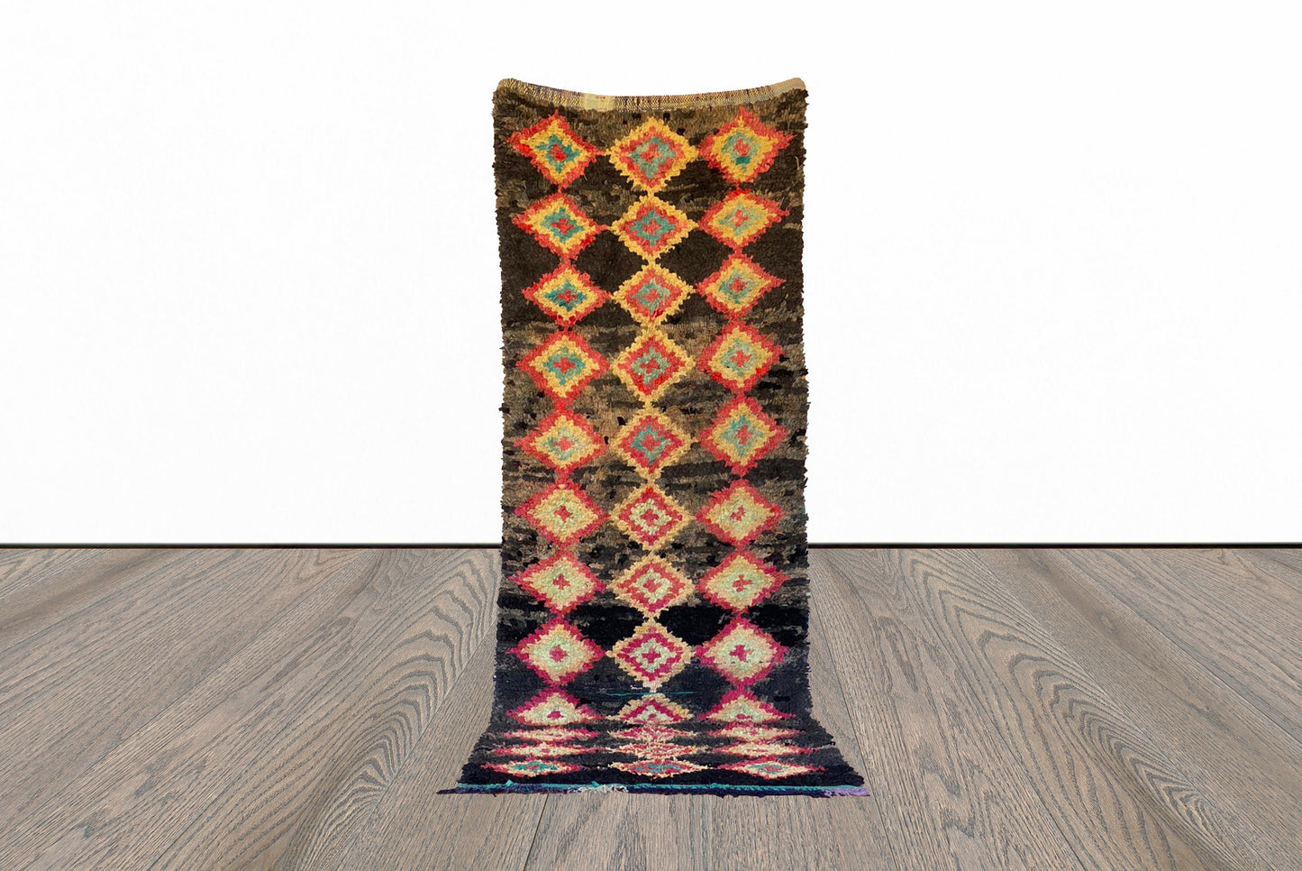 Boucherouite Moroccan Black Rugs 4x11. Vintage Berber Long runner Rug.