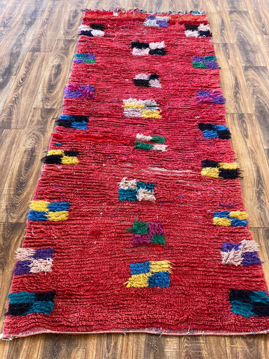 Long Red Vintage Handwoven runner Rug, 3x10 Moroccan runners Rug.