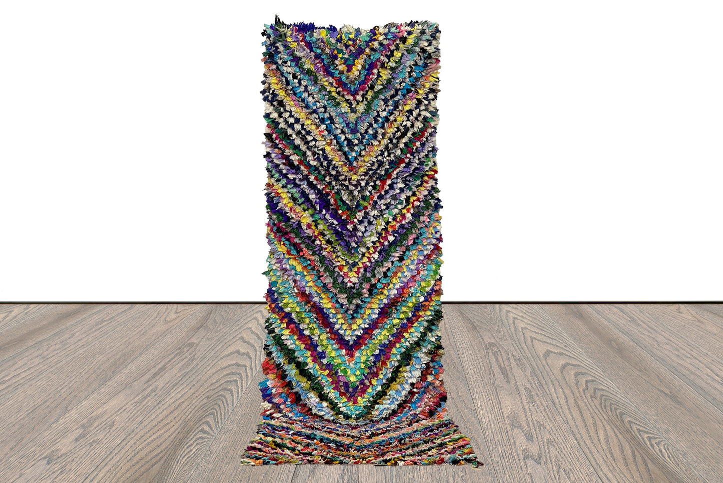 Boucherouite Vintage colorful narrow runner Rugs, 3x9 Moroccan checker chevron Rug.