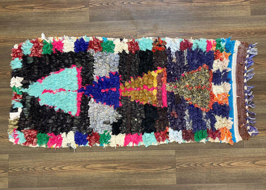 Vintage Small colorful Moroccan Rug, 2x5 Boucherouite narrow runner Rug.
