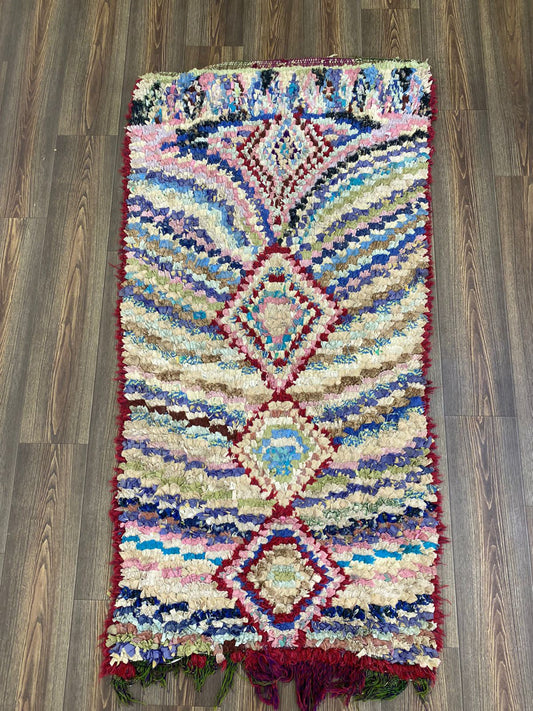 6x3 Colorful Boucherouite Moroccan Rug. Woven Tribal Berber narrow Shag runner Rug.