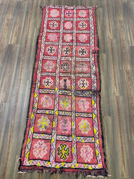 3x9 Berber Faded red Rugs, Vintage Moroccan grid runner Rug.