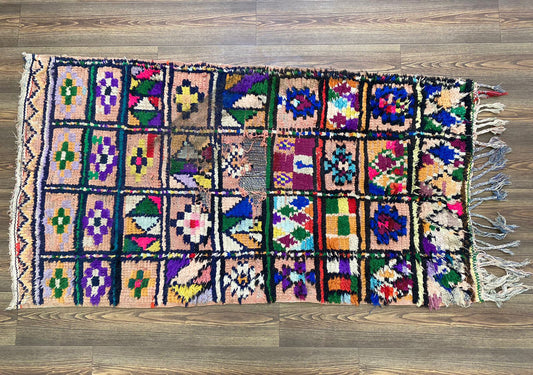 Morrocan Small vintage Grid Rug 3x6, Berber colorful area Rug.