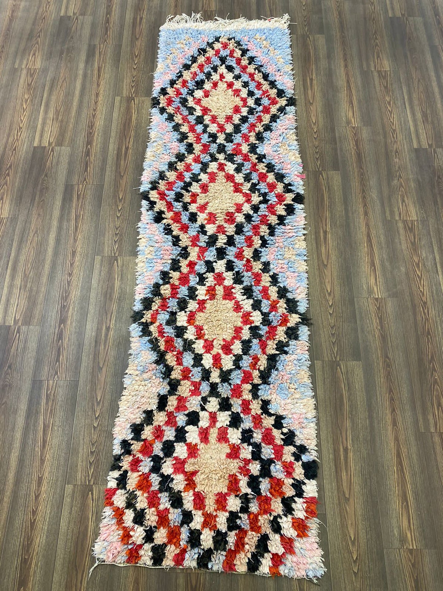 Moroccan Berber old narrow runner Rugs, 3x9 Boucherouite Checkered colorful Woven Rug.