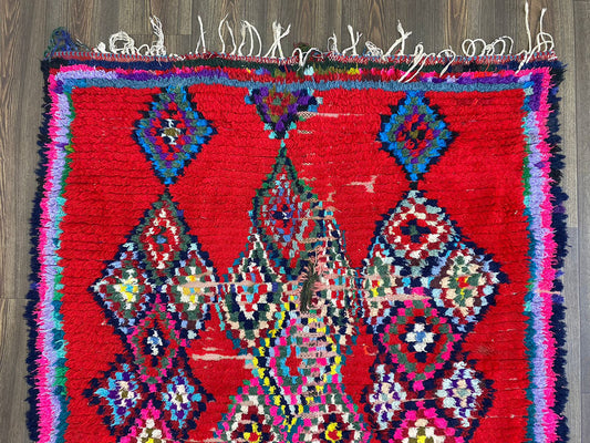 6x4 Feet Red Diamond Moroccan Vintage Area Rug.