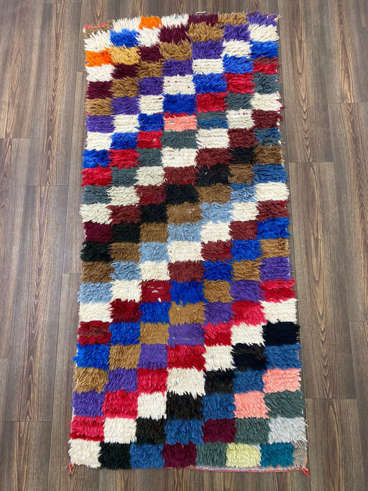 Tapis de couloir marocain à carreaux 3x7, petit tapis de couloir coloré vintage.