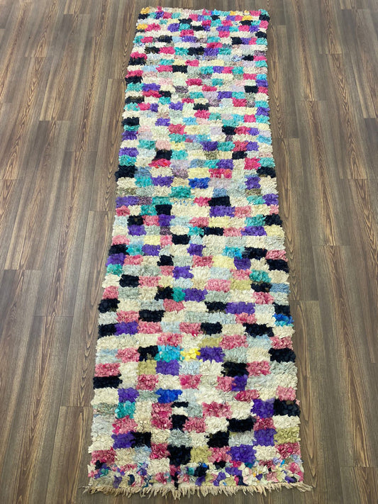 Tapis de couloir Boucherouite étroit vintage coloré 3x10, tapis Shag marocain de couleur damier.