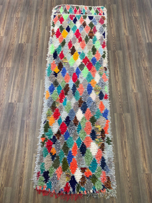 3x9 Handwoven Moroccan vintage Diamond Rugs, Berber colorful Narrow runner Rug.