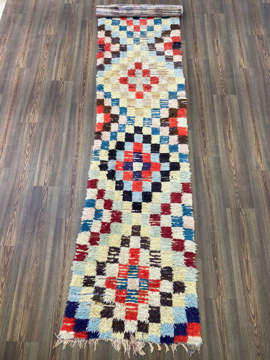 Tapis de couloir marocain coloré à carreaux 3x12, tapis extra long et étroit usé.