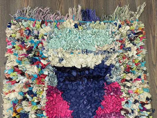 3x8 Vintage Boucherouite Moroccan Runner Rug.