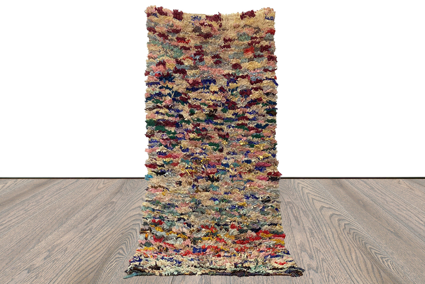 Boucherouite colorful Morrocan Berber runner Rug, Vintage Handwoven shag Rug 3x7.