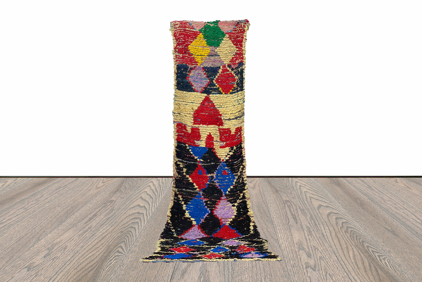 3x9 Colorful Diamond Boucherouite Runner Rug.
