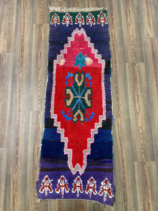 Petit tapis de couloir étroit vintage marocain rouge et bleu 2x7.