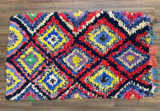 Small Boucherouite Colorful Vintage Rug, 3x6 Moroccan Diamond shag Rug.