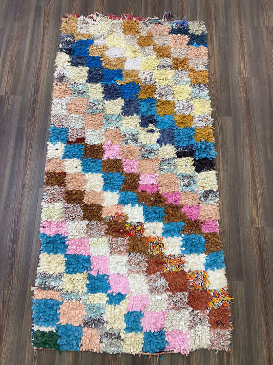 3x7 Moroccan woven checkered shag Rug, Boucherouite Vintage area Rug.
