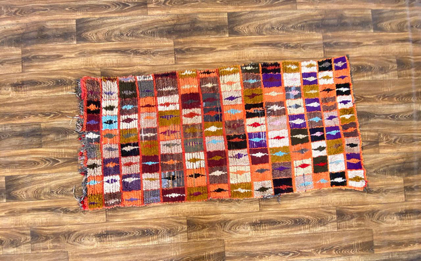 3x6 Moroccan vintage Berber Handwoven Rug. Grid orange and squares colorful Rug.