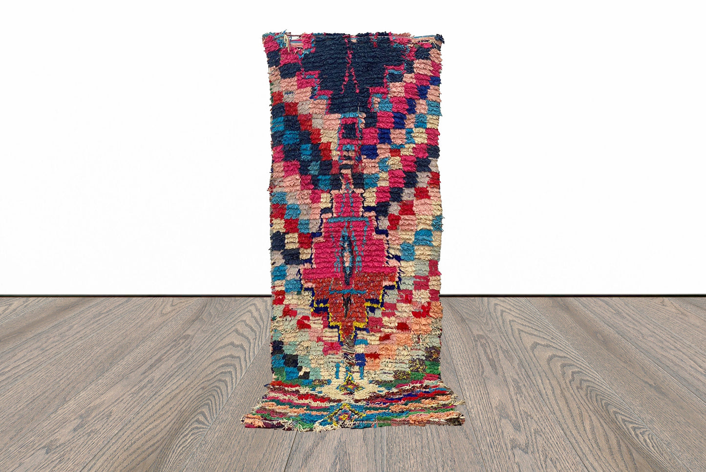 3x8 Checker Boucherouite Vintage Moroccan Vintage Rug.