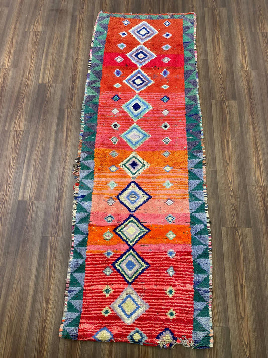 Tapis tissé vintage 3x9, tapis de couloir rouge marocain.