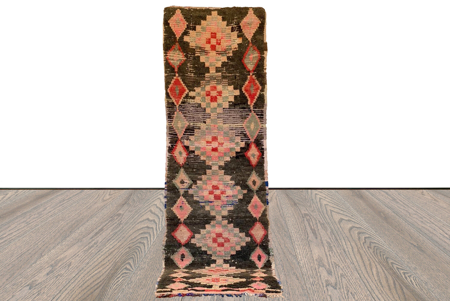 Handwoven Narrow runner Diamond Black Rugs. 3x9 Vintage Old Berber Rugs.