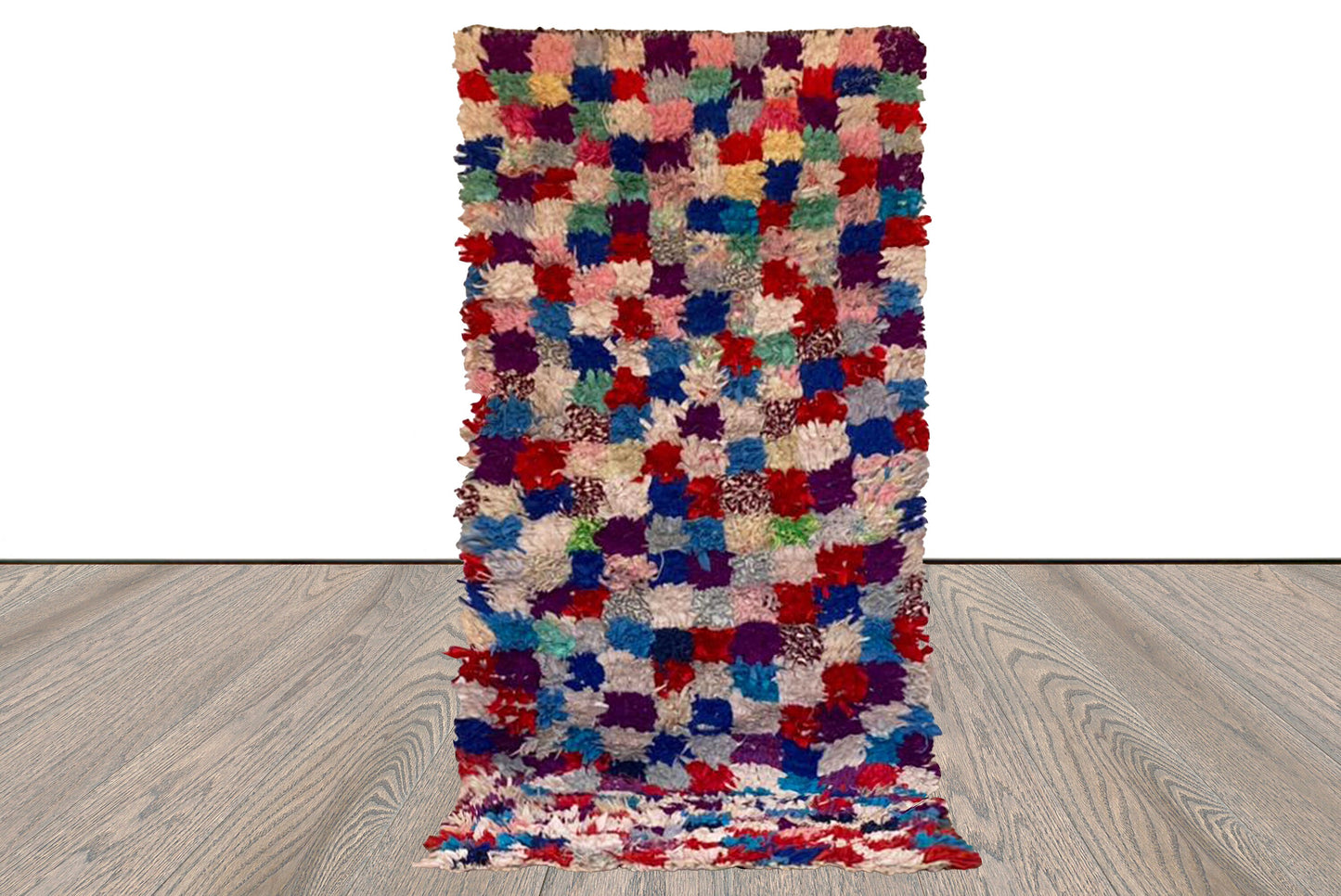 3x7 Checkered Colored Boucherouite Narrow Runner Rug.