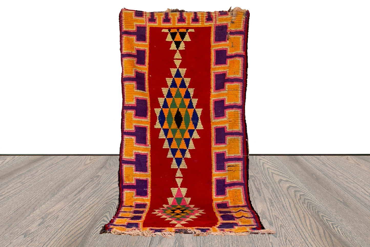 Moroccan vintage woven Runner Rug, 3x7 Colored Unique Handwoven Berber Rug.