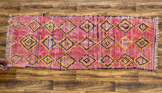 Faded Pink runner Rugs 3x8, Vintage Moroccan woolen Berber Rug.