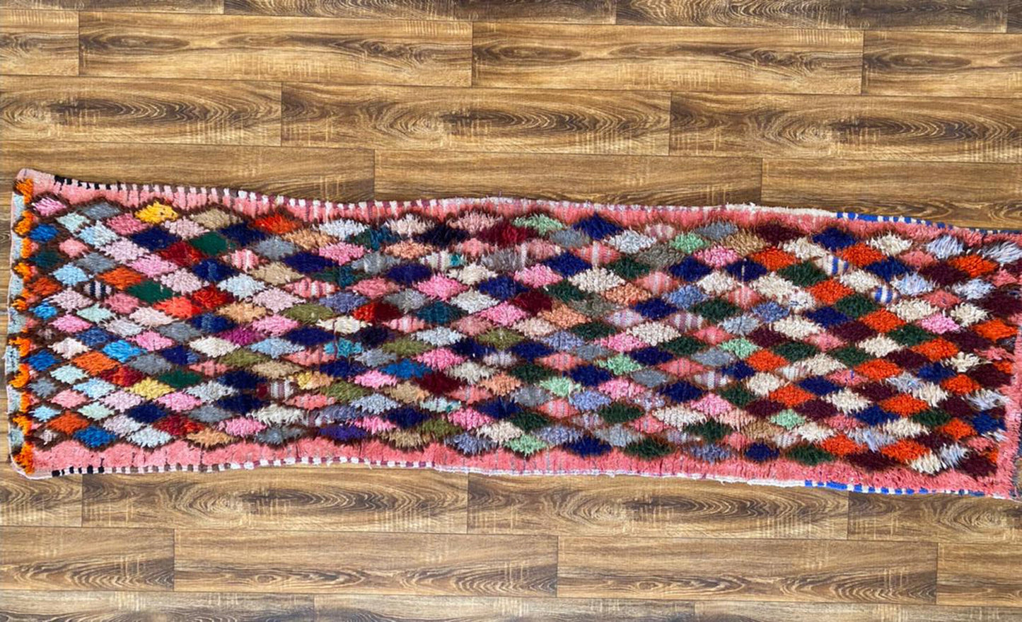 2x9 Diamond Vintage Moroccan Colorful Narrow Runner Rug.