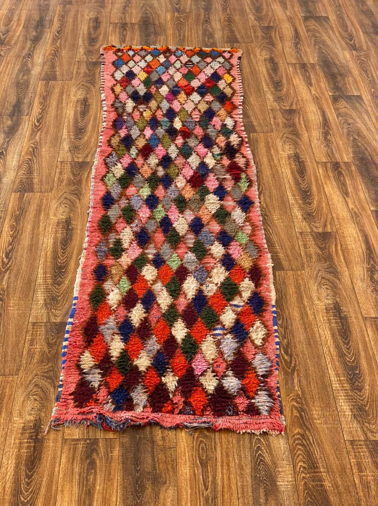 2x9 Diamond Vintage Moroccan Colorful Narrow Runner Rug.