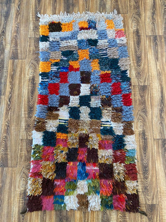Vintage Checkered Colorful runner Rug, 3x6 Moroccan Berber Narrow Rug.