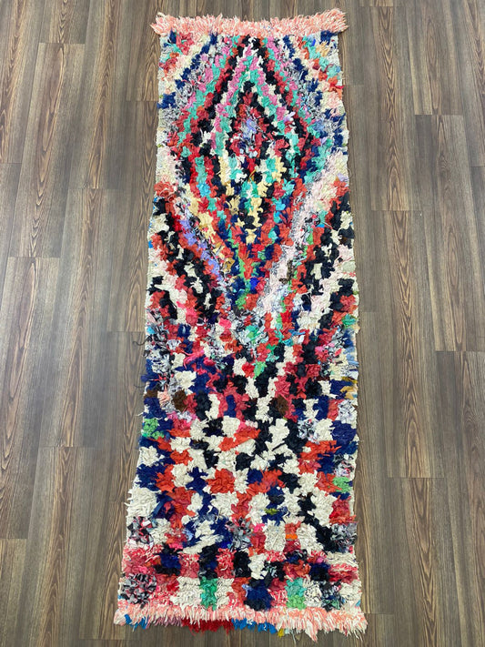 Tapis Boucherouite Vintage étroit, 3x8 Tapis shag berbère coloré marocain.