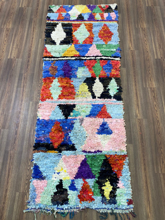 4x9 Boucherouite vintage Large Moroccan Rug, Berber colored used area Rugs.