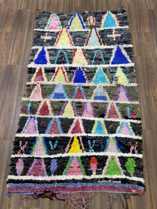 Tapis berbère Boucherouite marocain de grande surface, tapis à grille vintage 8x5.