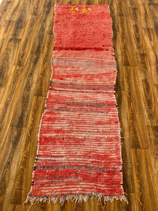 Berber Moroccan worn runner Rug. 3x9 Faded Red narrow Rugs.