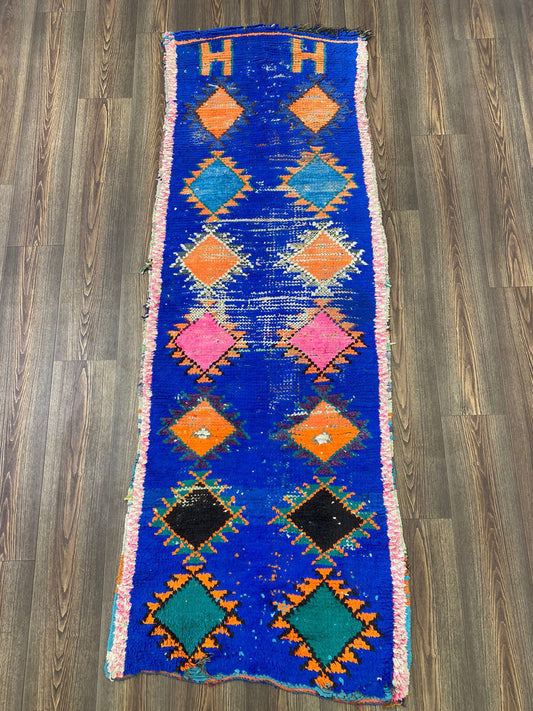 7x3 Vintage Moroccan Blue Berber Runner Rug.