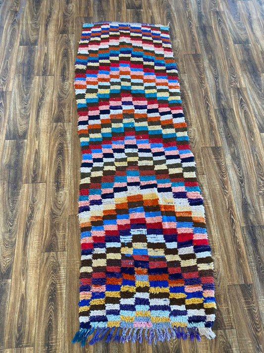 Vintage Checker runner Rug, 3x9 Moroccan Berber runners Rug.
