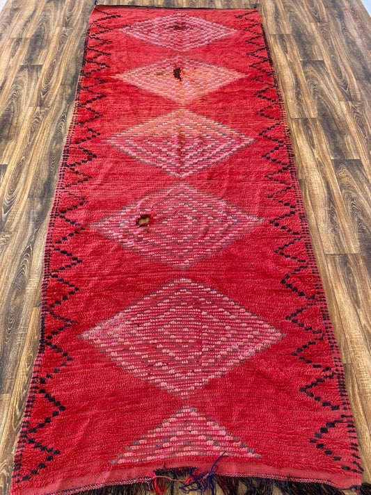 Abstract Red Moroccan Vintage runner Rug 4x11, Extra Long Berber runner Rugs.
